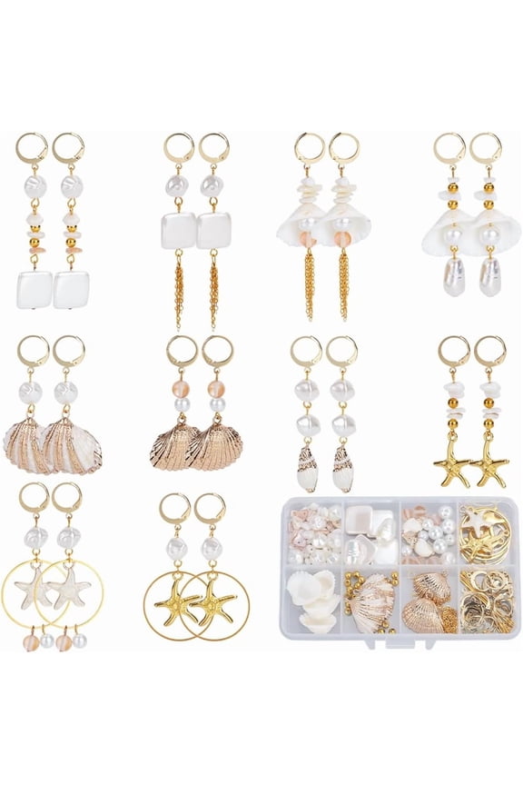 1 Box DIY 10 Pairs Shell Earrings Kit Real 18K Gold Huggie Findings Ocean Themed Electroplate Natural Spiral Shells Alloy Enamel Light Golden Starfish Bead Charm