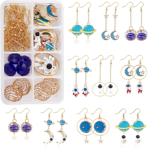 1 Box DIY 10 Pairs Space Themed Charms Enamel Star Moon Charm Earring Making Kit Astronaut Charms for Jewelry Making Cage Charm Blue Crescent Planet Faceted Glass Beads Craft Instruction diy