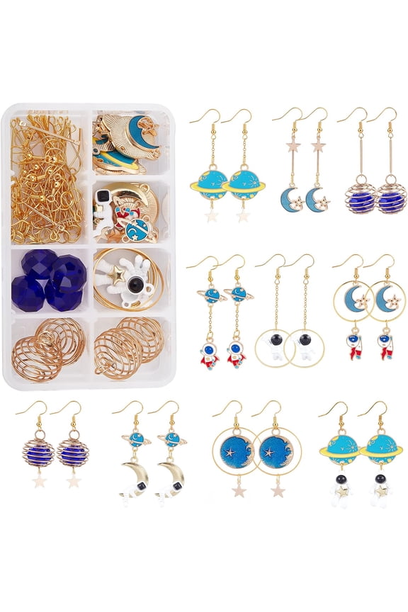 1 Box DIY 10 Pairs Space Themed Charms Enamel Star Moon Charm Earring Making Kit Astronaut Charms for Jewelry Making Cage Charm Blue Crescent Planet Faceted Glass Beads Craft Instruction