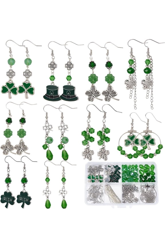 1 Box DIY 10 Pairs St Patricks Day Earrings Making Kit Silver 3 Leaf Clover Charms Irish Shamrock Charm Green Glass Spacer Beads for Jewelry Making Kits Adults Women Gifts Holiday Supplies
