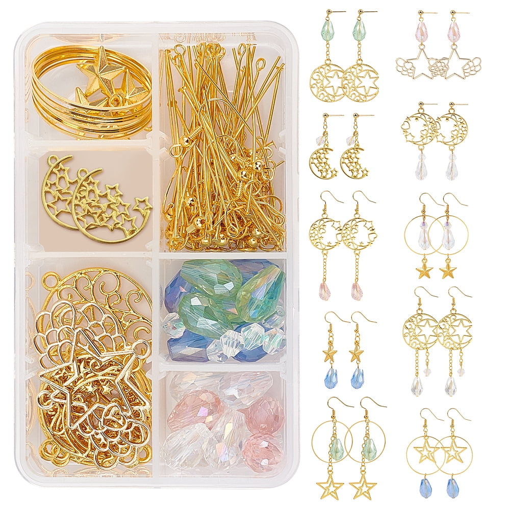 1 Box DIY 10 Pairs Star Moon Dangle Earrings Making Starter Kit Long Drop Stud Hoop Earrings Gold Moon and Star Pendant Charms Linking Rings