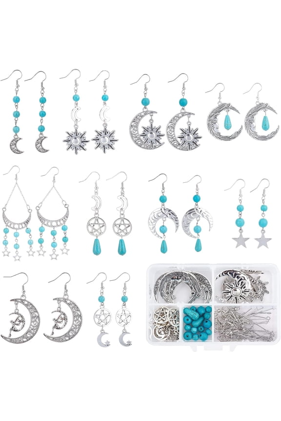 1 Box DIY 10 Pairs Style Sun Moon Star Charms Earring Making Kit Fairy Charm Moon Phase Charms for Jewelry Making Turquoise Gemstone Round Beads Adult Women Starter Kit diy