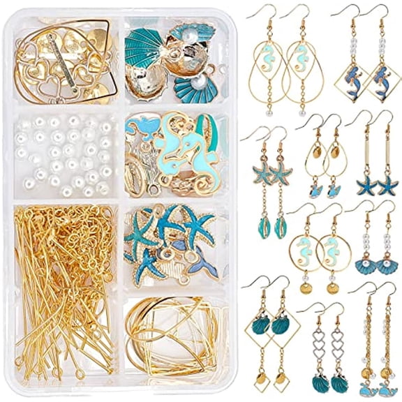 1 Box DIY 10 Pairs Summer Ocean Dangle Earring Making Kit Enamel Mermaids Seahorses Starfish Shell Pendant Charms Brass Geometric Links for Jewelry Making Supplies Craft Instruction