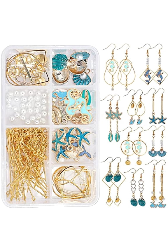 1 Box DIY 10 Pairs Summer Ocean Dangle Earring Making Kit Enamel Mermaids Seahorses Starfish Shell Pendant Charms Brass Geometric Links for Jewelry Making Supplies Craft Instruction