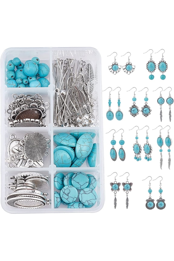 1 Box DIY 10 Pairs Turquoise Bead Earrings Making Kit Alloy Enamel Leaf Pendants Charms with Turquoise Beads Eye Pin & Earring Hooks for DIY Earring Jewelery Making Silver