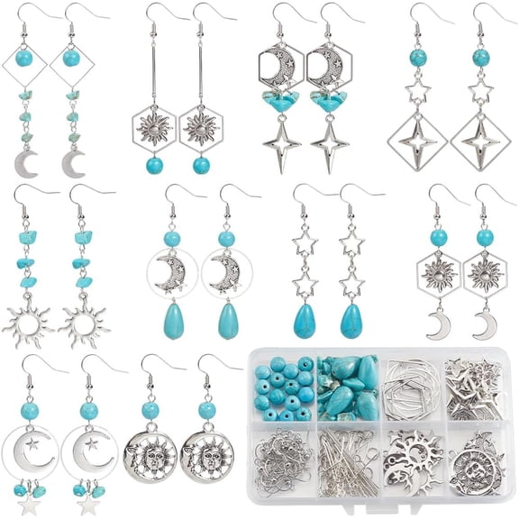 1 Box DIY 10 Pairs Turquoise Earring Making Starter Kit Star Connector Charm Turquoise Gemstone Chip Metal Alloy Silver Hollow Moon Sun Bead for Jewelry Making Women Dangle DIY