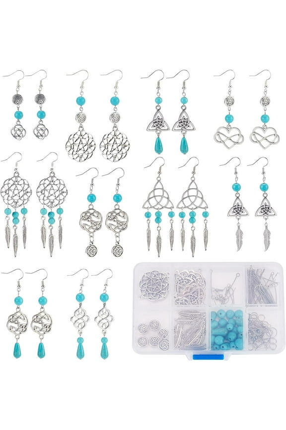 1 Box DIY 10 Pairs Vintage Style Trinity Knot Charm Infinity Love Charms Earring Making Kit Feather Charm Knot Charms for Jewelry Making Turquoise Round Beads Adult Women Craft