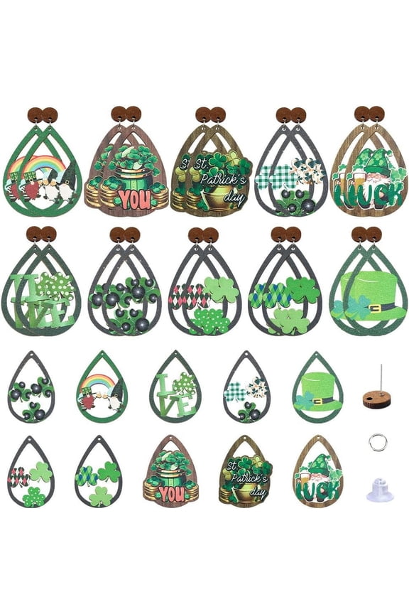 1 Box DIY 10 Pairs Wood Earring Kit St Patricks Charms Irish Shamrock Charms Lucky Green 3 Leaf Clover Charm Wooden Charm