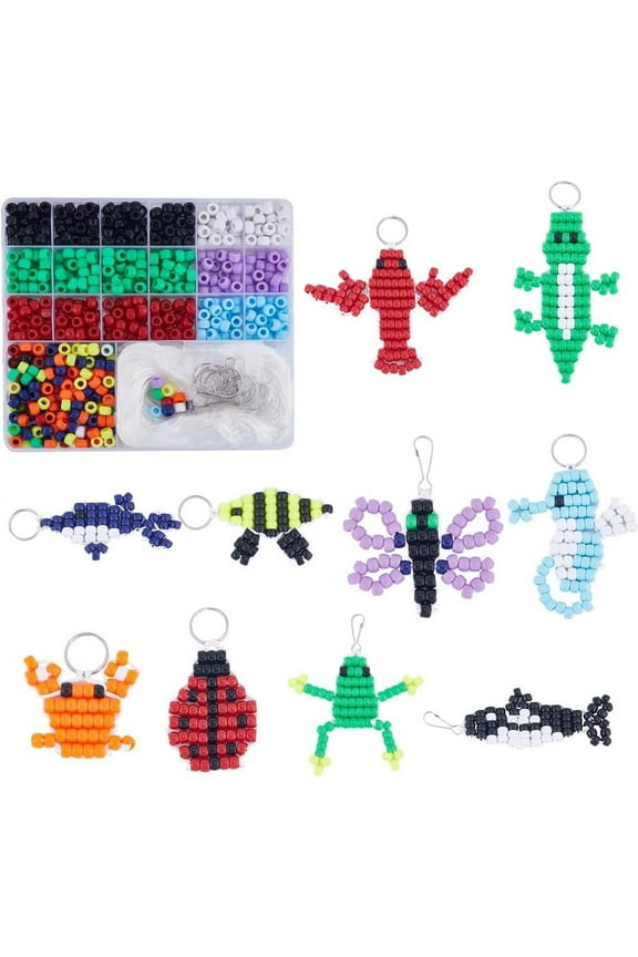 1 Box DIY 10 Sets Bead Animals Keychain Kit 8mm Large Hole Pony Beads Pets Animal Video Tutorials Red Green Gecko Lizard Beading Animal Bead Pet Key Chains Polyester Cord String