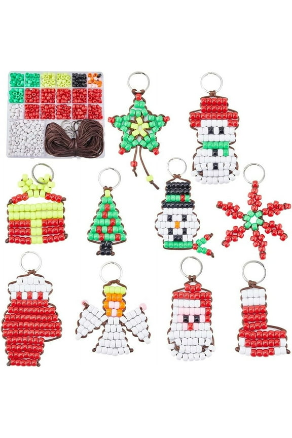 1 Box DIY 10 Sets Christmas Pony Beads Bulk Bead Pets 8mm Large Video Tutorials Xmas Keychain Kit Snowman Snowflake Beading Angel Christmas Pet Key Chains DIY