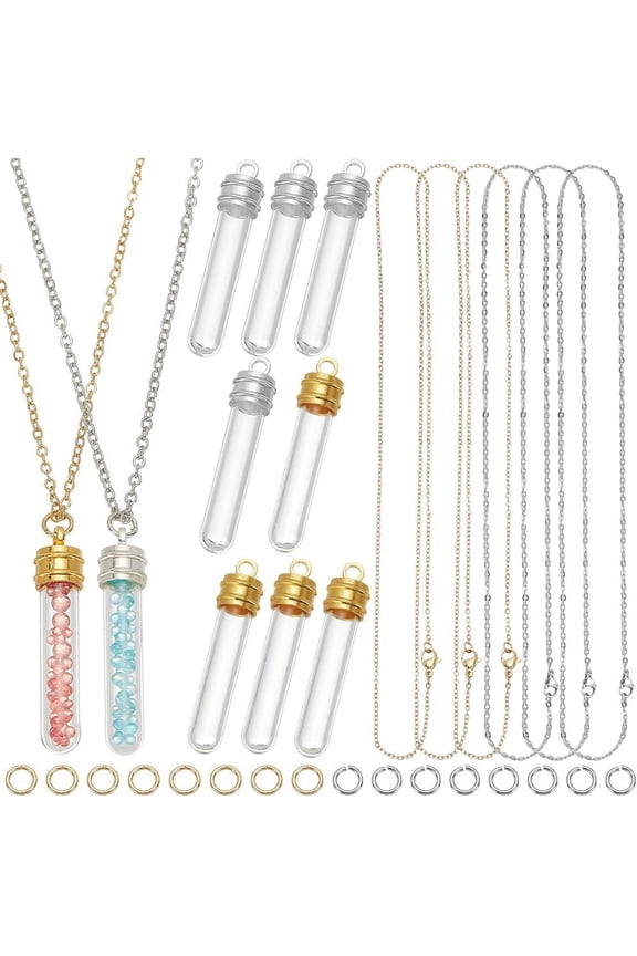 1 Box DIY 10 Sets Glass Vial Necklace Bulk Bottle Necklace Kit Small Lucky Silver Gold with Stainless Steel Chain Hanging Tube Charm Bottles for Jewelry Making Handmade Craft Christmas Adult