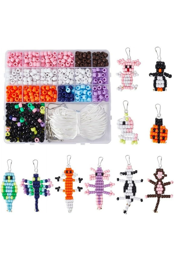 1 Box DIY 10 Sets Pony Bead Animal Kit Pony Beads Set Bead Animals Colorful Pony Beads Keychain Making Kits 8mm Large Hole Pony Craft Beads Keychain Clasps Beading Cord for Jewelry Making