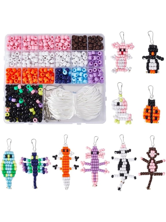 1 Box DIY 10 Sets Pony Bead Animal Kit Pony Beads Set Bead Animals Colorful Pony Beads Keychain Making Kits 8mm Large Hole Pony Craft Beads Keychain Clasps Beading Cord for Jewelry MakingMixed Color
