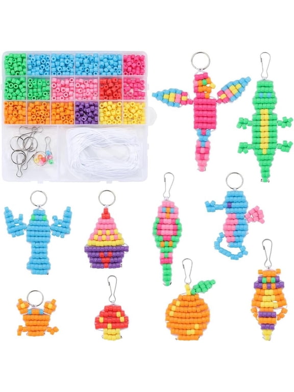 1 Box DIY 10 Sets Pony Bead Pets Bead Animals 6mm Pony Beads Keychain Making Kit Bead Craft Kit Beading Animal Sea Horse Bird Raccoon Crab Orange Fruit Mushroom Key Chain DIY