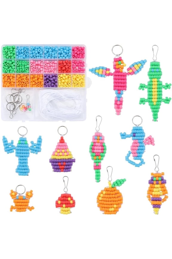 1 Box DIY 10 Sets Pony Bead Pets Bead Animals 6mm Pony Beads Keychain Making Kit Bead Craft Kit Beading Animal Sea Horse Bird Raccoon Crab Orange Fruit Mushroom Key Chain for Adult Crafts
