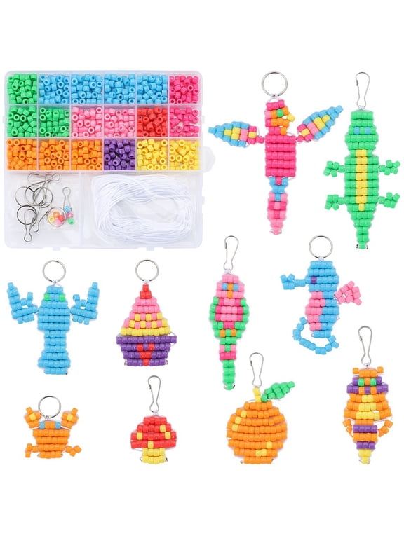 1 Box DIY 10 Sets Pony Bead Pets Bead Animals 6mm Pony Beads Keychain Making Kit Bead Craft Kit Beading Animal Sea Horse Bird Raccoon Crab Orange