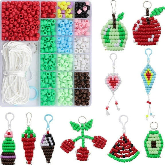 1 Box DIY 10 Sets Pony Beads Keychain Making Kit 8mm Bead Craft Kits Fruit Themed Red Cherry Watermelon Beading Keychains Chilli Ice Cream Beaded Colorful Opaque Pony Beads for Crafts Mixed Color