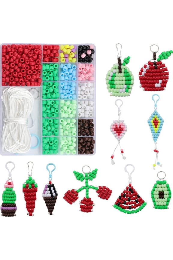 1 Box DIY 10 Sets Pony Beads Keychain Making Kit 8mm Bead Craft Kits Fruit Themed Red Cherry Watermelon Beading Keychains Chilli Ice Cream Beaded Colorful Opaque Pony Beads for Crafts Multi-color