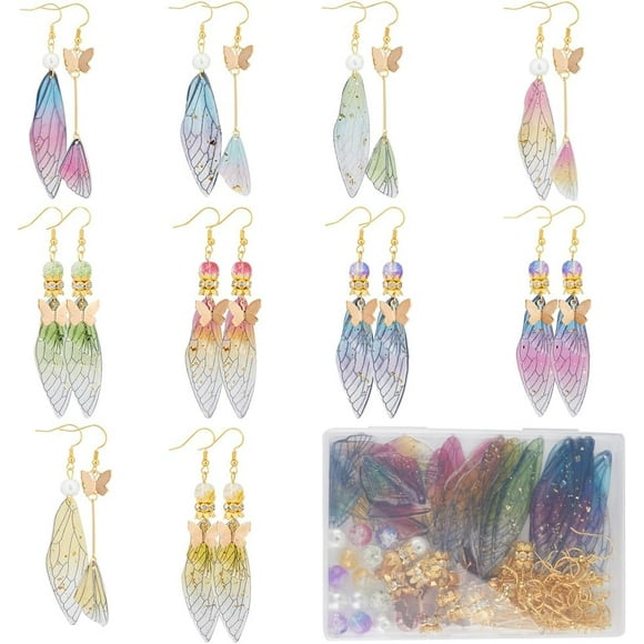 1 Box DIY 10Pairs Butterfly Wing Charms Earrings Making Starter Kit Resin Butterflies Wings Foil Glitter Glass Beads Bar Links Connectors Earring Hooks for Jewelry Making Kits Wedding Gift