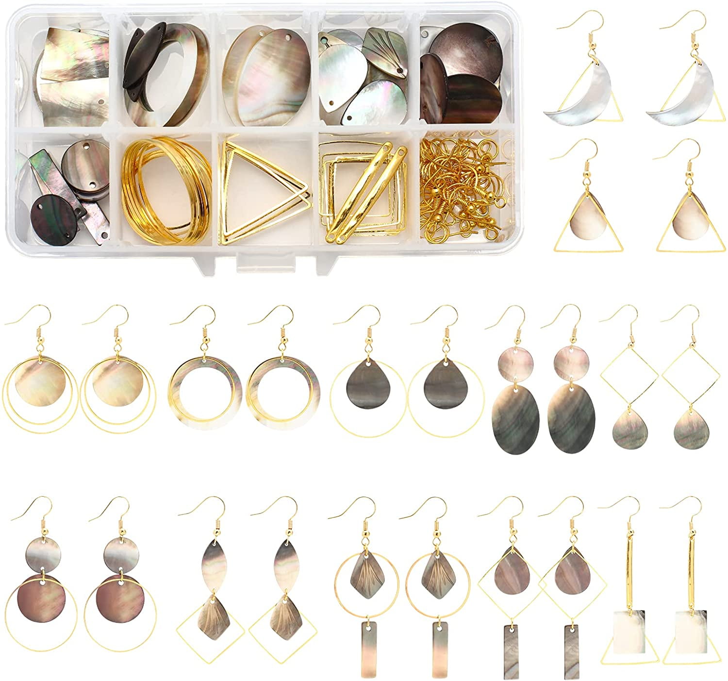1 Box DIY 12 Pairs Geometric Natural Black Lip Shell Dangle Earrings Making Starter Kit Classic Drop Dangle Round Oval Rectangle Geometric Jewelry Making Supplies Craft