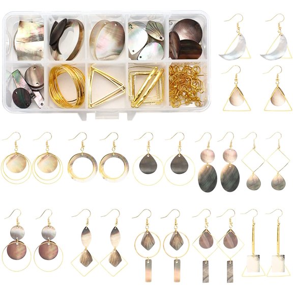 1 Box DIY 12 Pairs Geometric Natural Black Lip Shell Dangle Earrings Making Starter Kit Classic Drop Dangle Round Oval Rectangle Geometric Jewelry Making Supplies Craft