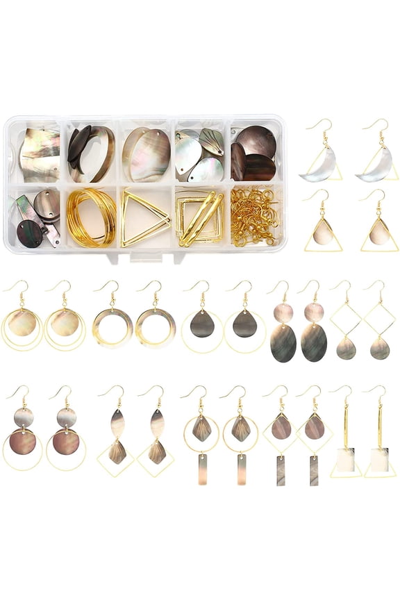 1 Box DIY 12 Pairs Geometric Natural Black Lip Shell Dangle Earrings Making Starter Kit Classic Drop Dangle Round Oval Rectangle Geometric Jewelry Making Supplies Craft for Beginners DIY