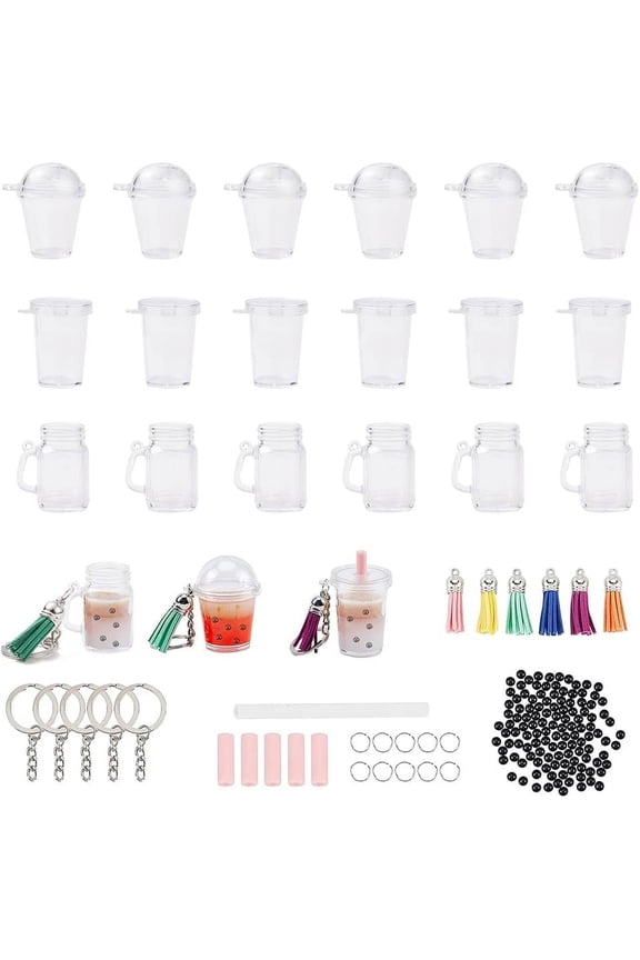 1 Box DIY 16pcs Milky Tea Themed Keychains Kits including Iron Split Key Rings Acrylic Round Beads Suede Tassel & Plastic Pendants PVC Milktea