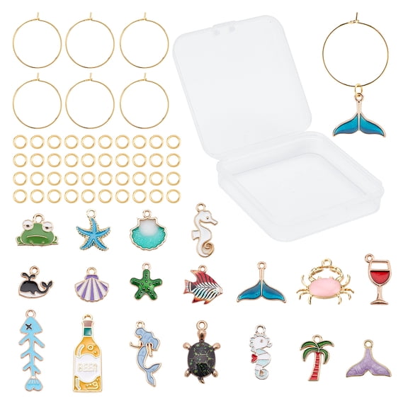 1 Box DIY 18Pcs Ocean Style Glass Charms Kits Including Brass Wine Glass Charm Rings Alloy Enamel Pendants and Iron Jump Rings Mixed Color 20