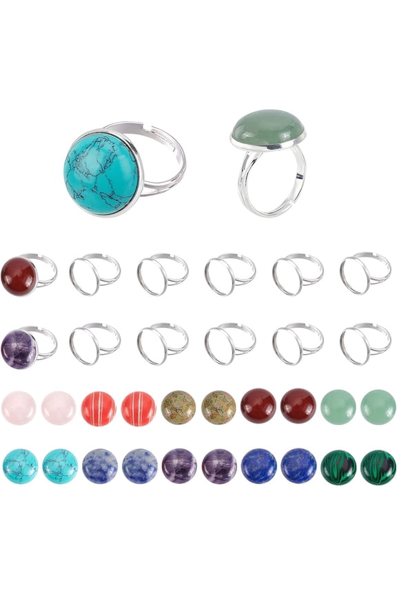 1 Box DIY 20 Pcs Finger Ring Kits Including Adjustable Brass Finger Rings Components Gemstone Cabochons Platinum Tray: 16mm Size: 7 17mm