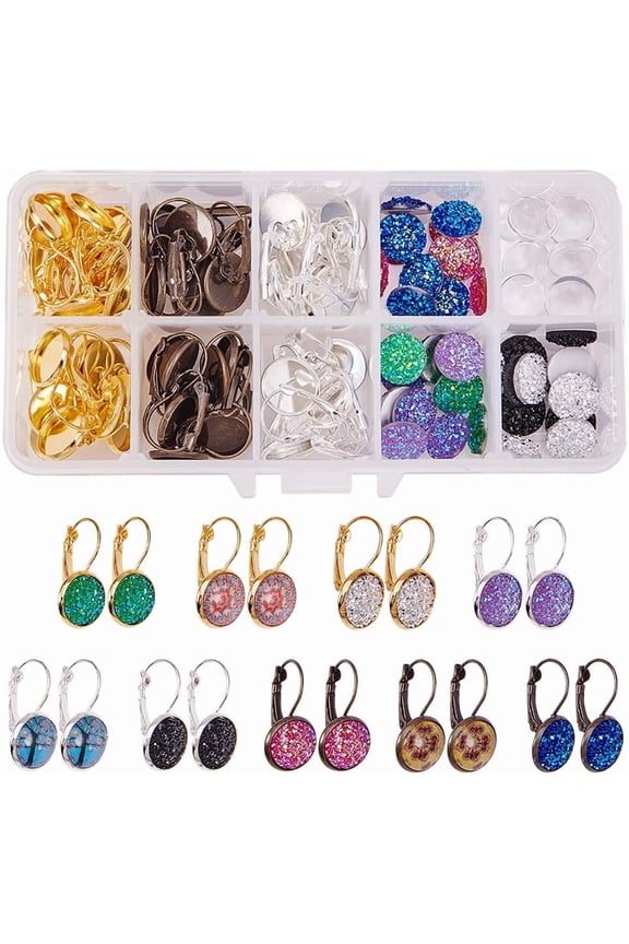 1 Box DIY 24 Pairs 3 Color Druzy Cabochon Leverback Earrings Making Starter Kit 48pcs Lever Back Hoop Bezel Earring Settings 12mm Druzy Resin Cabochons & Clear Glass Cabochons Instruction Mixed Color