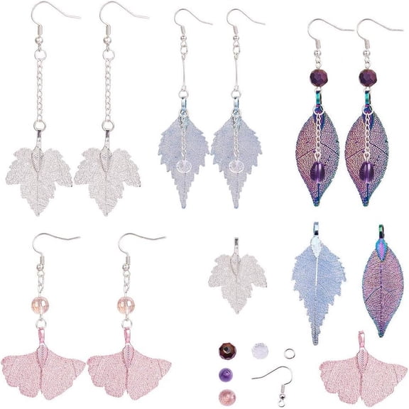 1 Box DIY 4 Pairs Natural Real Leaf Earrings Jewelry Making Starter Kit Include Filigree Long Drop Dangle Pendants Glass Beads Cable Chain Earring Hooks