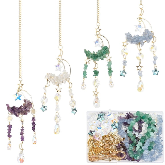 1 Box DIY 4 Sets Suncatcher Making Kits Sun Catchers Kit Moon Suncatchers Amethyst Kyanite Green Aventurine Opalite Chip Beads Hanging