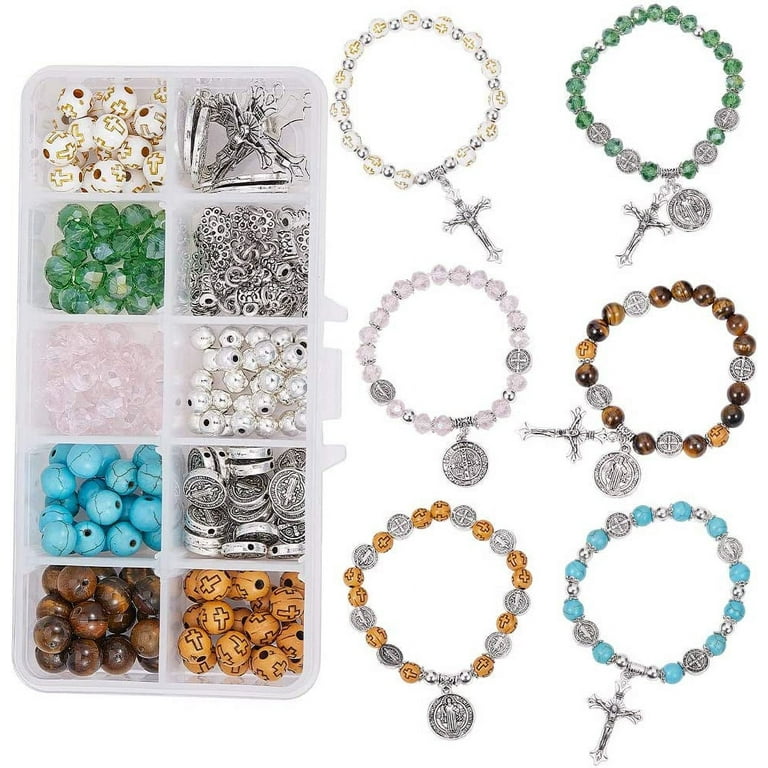 1 Box DIY 6 Set Beaded Stretch Rosary Bracelet Making Kit Cross