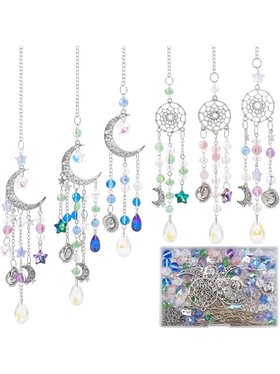 1 Box DIY 6 Sets Car Charms Making Kit Car Charm Ornament Moon Suncatchers Glass Hanging Charms Hanging Car Charm Star Teardrop Beads Car Hanging Ornament for Women Car Window Home Decor
