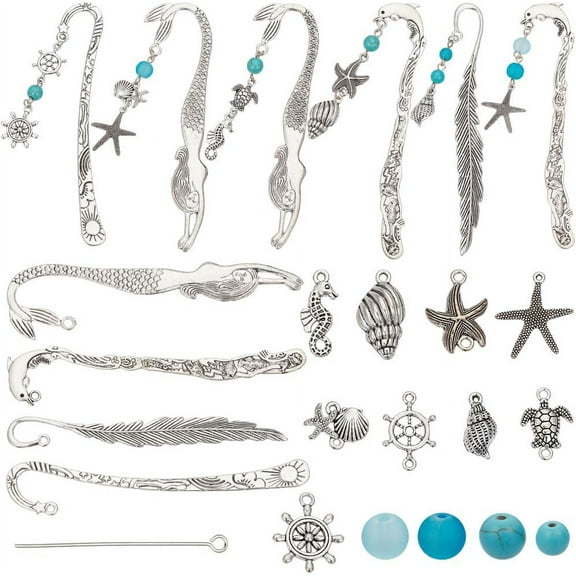 1 Box DIY 6 Sets Ocean Bookmark Hooks Kit Metal Bookmark Metal Bead Bookmark Summer Hawaii Sea Turtle Starfish Shell Charms Turquoise Beads Metal Book Marks for Crafting Reading Supplies Silver