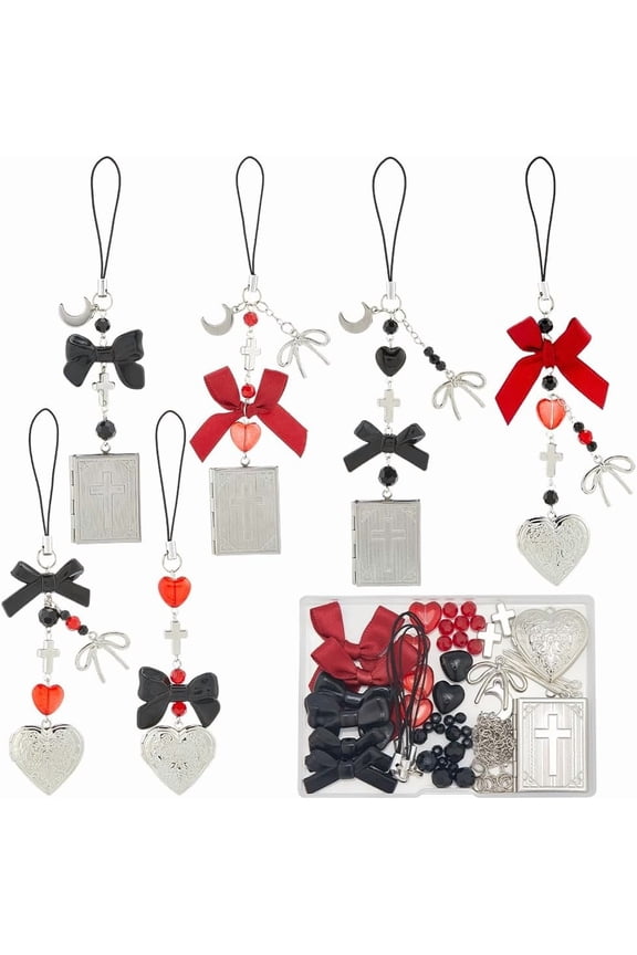 1 Box DIY 6 Sets Phone Charm Kit Gothic Cell Phone Charm Black Red Silver Bowknot Tie Heart Moon Goth Cellphone Strap for Jewelry Making Kits Women Key Rings Cellphone Case diy