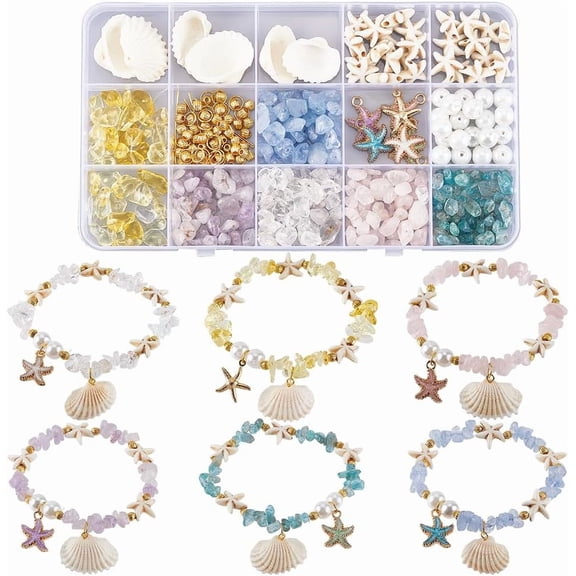 1 Box DIY 6 Sets Stone Bracelet Making Kit Clam Shell Beads Ocean Beach Light Gold Enamel Starfish Sea Shell Natural Stone Chip Spacer Bead Charms for Jewelry Making Kits Women Beginner Mixed Color