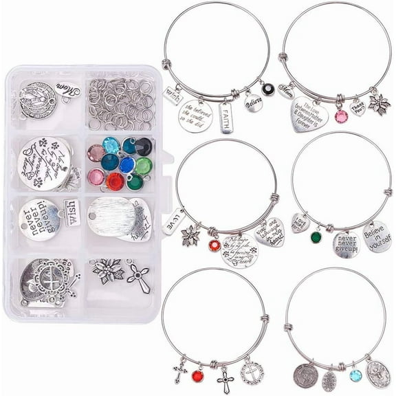 1 Box DIY 6PCS Expandable Wire Charm Bracelet Jewelry Making Starter Kit Include 2.6inch Blank Adjustable Bangle Mixed Charm Pendant Beads Jewelry Findings for Women Adults