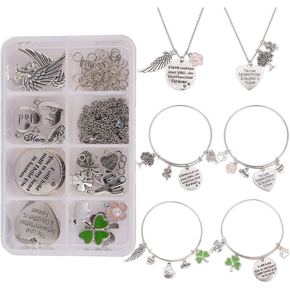 1 Box DIY 6SET Expandable Wire Charm Bracelet Inspirational Necklace Jewelry Making Kit 2.6inch(65mm) Blank Adjustable Bangle C Charm Feather Word Charms St Patricks Day DIY