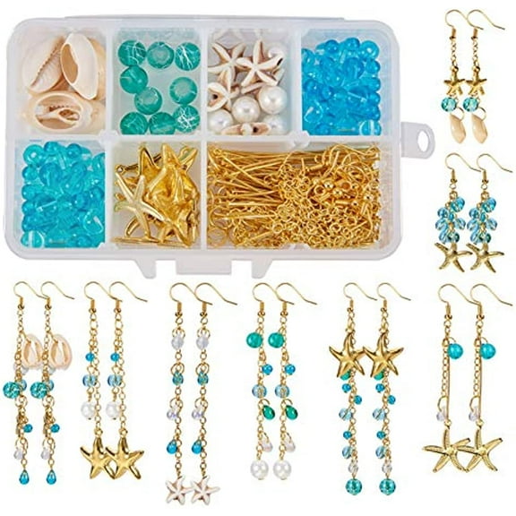 1 Box DIY 8 Pair Starfish Cowrie Shell Dangle Earring Making Kit Jewelry Making Supplies Beading Starter Kits for Beginner Adults Fish Hook Ocean Beach Theme Instruction