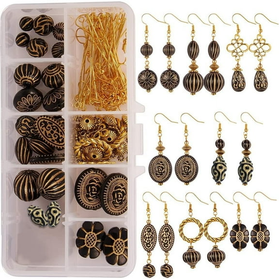 1 Box DIY 8 Pairs Black Acrylic Dangle Earring Jewelry Making Starter Kit Golden Plated Metal Enlaced Beads Arts Craft Supplies for Beginners Adults Women Instruction