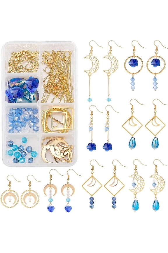 1 Box DIY 8 Pairs Blue Moon Earrings Making Starter Kit Including Moon Geometric Linking Connector Charms Teardrop Flower Beads Earring Findings