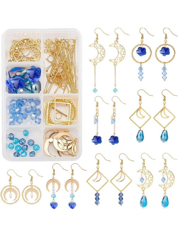 1 Box DIY 8 Pairs Blue Moon Earrings Making Starter Kit Including Moon Geometric Linking Connector Charms Teardrop Flower Beads Earring Findings