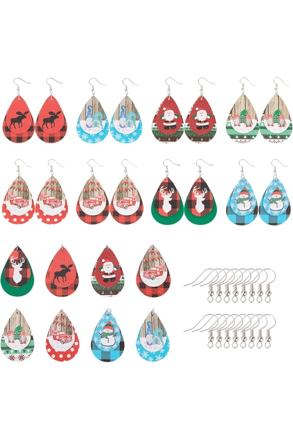 1 Box DIY 8 Pairs Christmas Leather Earrings 2 Layered Xmas Leather Pendants Leather Teardrop Long Dangle Earrings Earring Hooks for DIY Jewerly Making Xmas Earrings Colorful