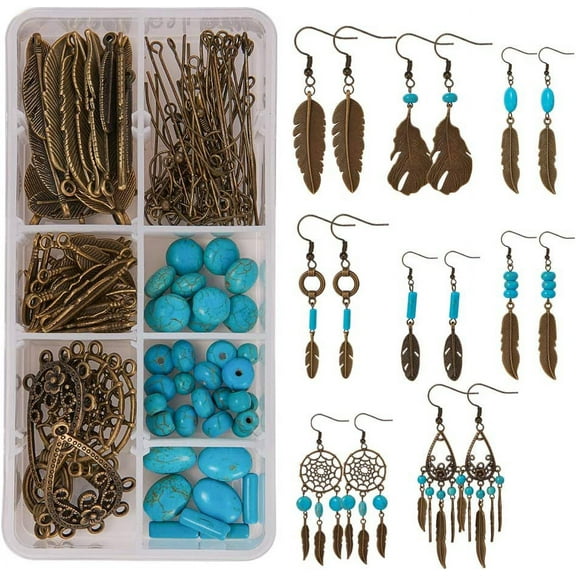 1 Box DIY 8 Pairs Feather Dream Catcher Earring Making Kit Bronze Feather Charm Connector Turquoise Gemstone Beads Earring Hooks Jewelry Supplies Beginners Instruction diy Antique Bronze