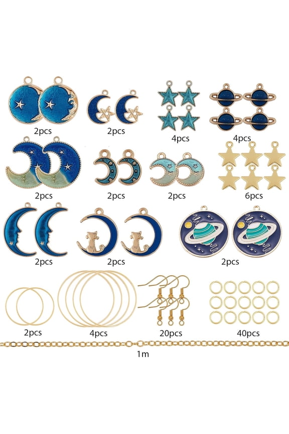 1 Box DIY 8 Pairs Moon Star Planet Enamel Earrings Gold Plated Blue Enamel Charms Long Dangle Earrings Making Starter Kit