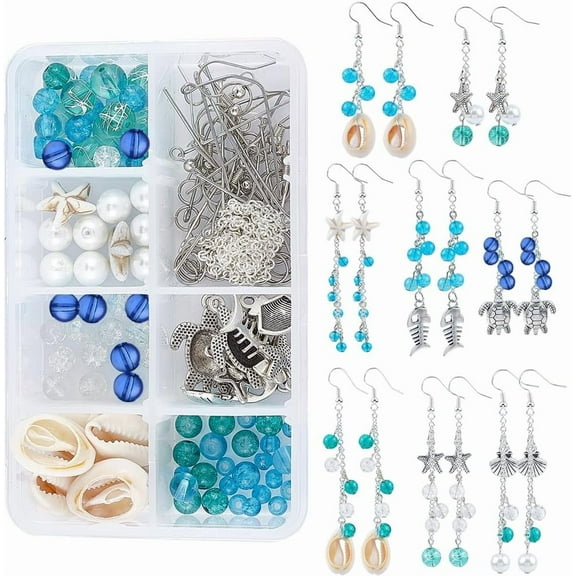 1 Box DIY 8 Pairs Ocean Theme Earring Making Kits Starfish Shell Sea Turtle Charms Pendants Cowrie Shell Glass Synthetical Turquoise Beads for Handmade Earrings Beginner for DIY