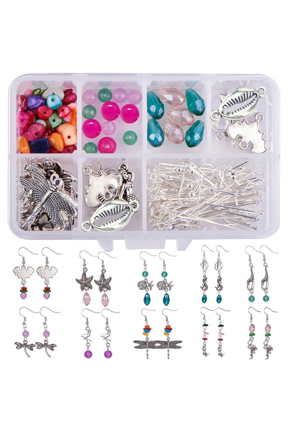1 Box DIY 8 Pairs Ocean Theme Earring Making Kits Starfish Shell Sea Turtle Charms Pendants Cowrie Shell Glass Synthetical Turquoise Beads