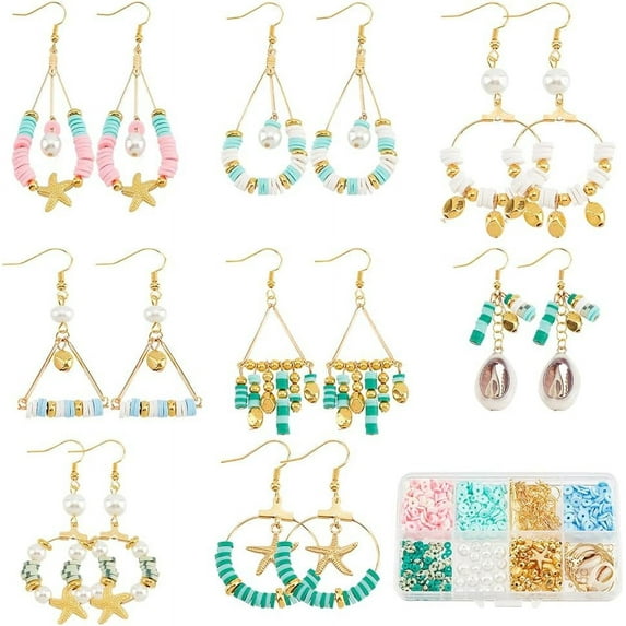 1 Box DIY 8 Pairs Polymer Clay Beads Cute Seashell Charms Christmas Earrings Making Starter Kit Flat Round Disc Pink Green Clay Beads Beading Hoops Starfish Beads for Jewelry Making Kits