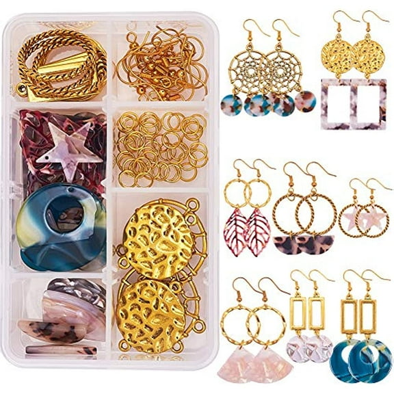1 Box DIY 8 Pairs Round Square Moon Drop Mottled Acrylic Stud Earring Making Starter Kits Jewelry Arts Craft Supplies for Beginners Women Goldenrod